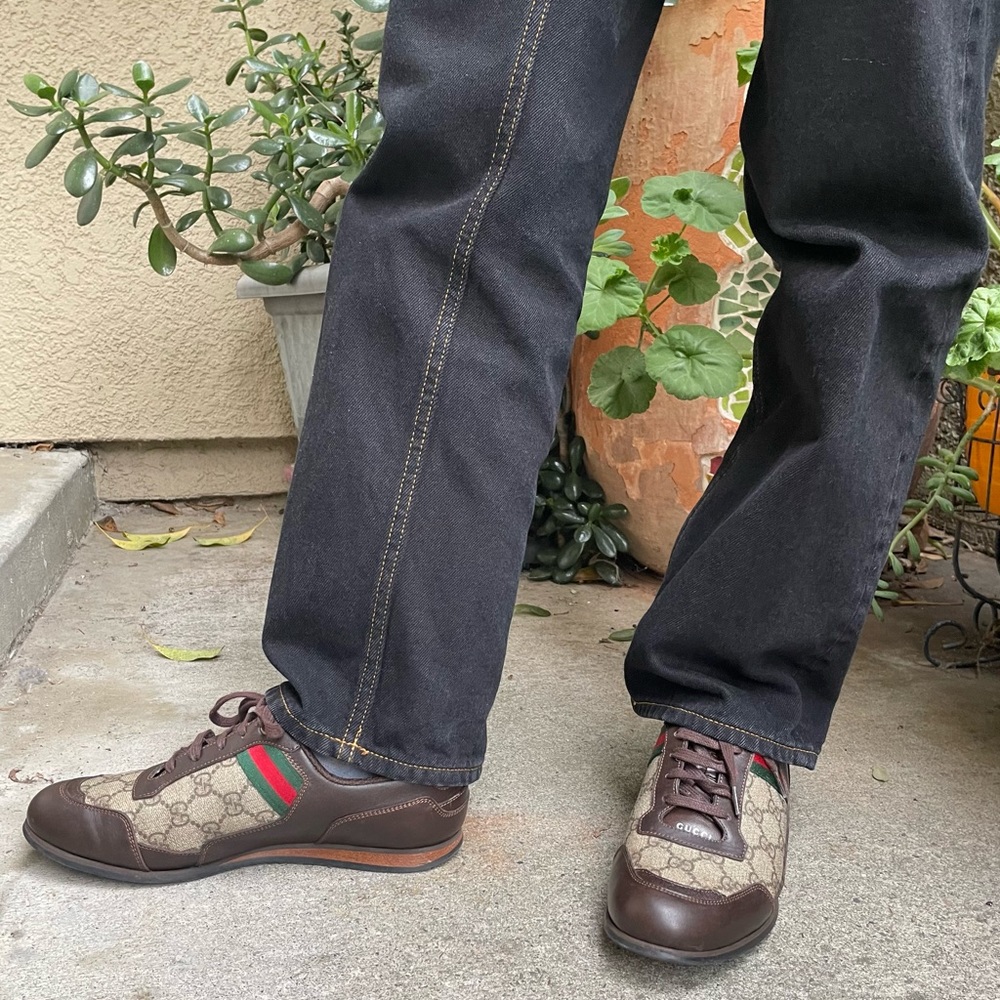 Vintage 90’s cream/dark brown Gucci coated canvas/leather sneakers in the box